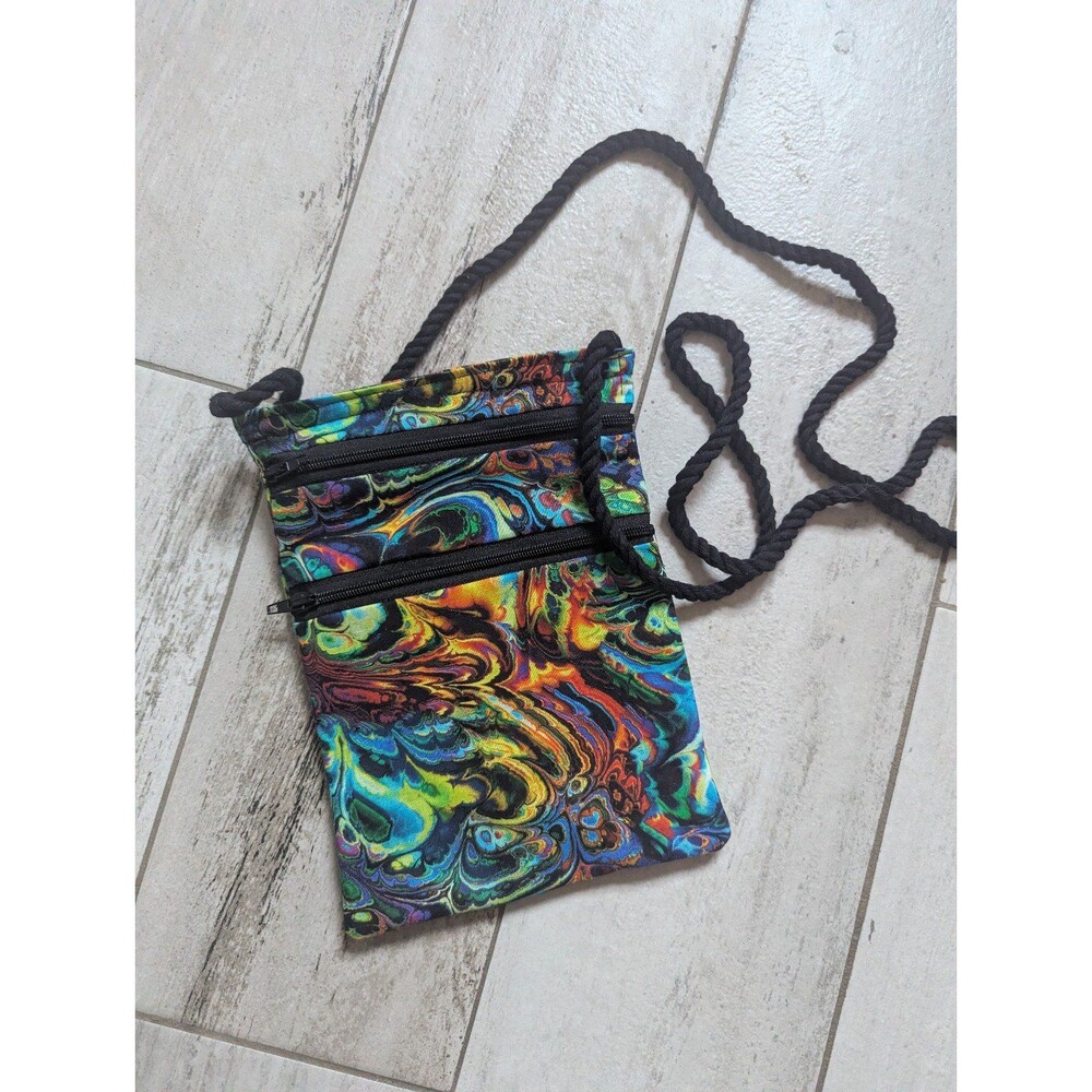 Funky paint swirl crossbody fabric bag pouch 2 outer zippers Size 8"x6" NEW
